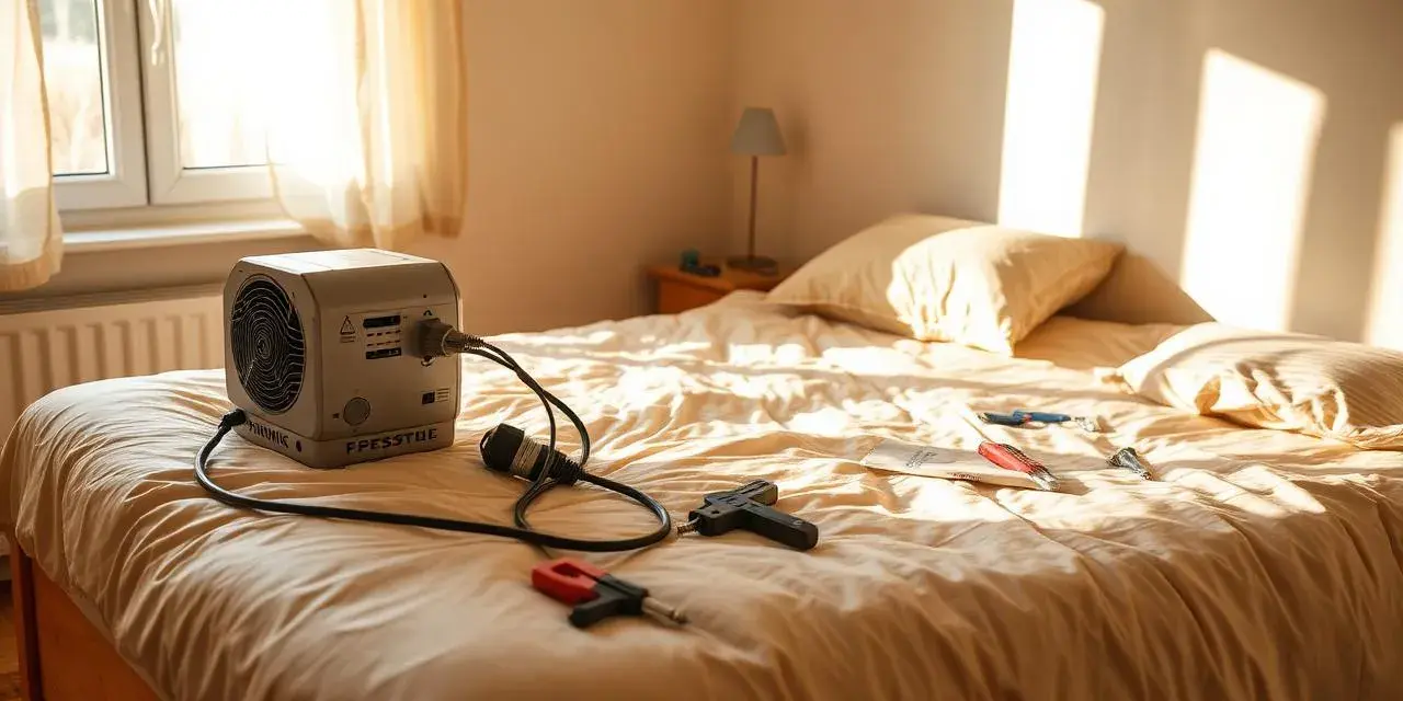 Ein Intex Luftbett mit integrierter Pumpe verliert Luft. Kabel und Werkzeuge liegen auf dem Bett.