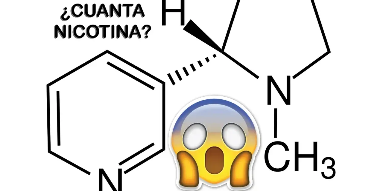 ¿Cuánta nicotina tiene un vaper? La imagen muestra la estructura química de la nicotina con un emoji de sorpresa.