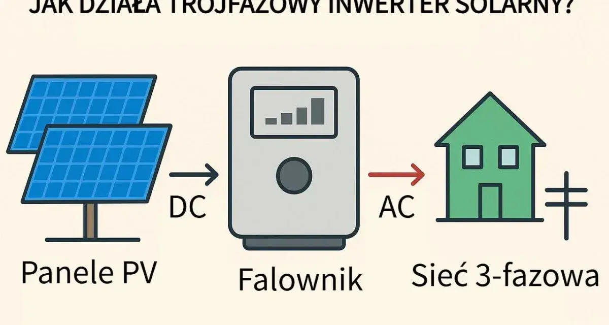 Schemat pokazuje, jak działa falownik trójfazowy: panele PV generują prąd stały (DC), który falownik zamienia na prąd zmienny (AC) dla sieci 3-fazowej.