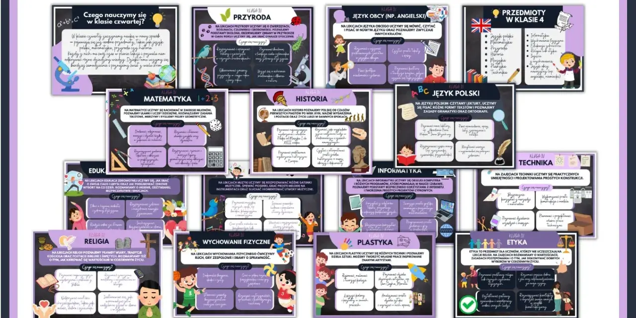 Przedmioty w klasie 4: przyroda, matematyka, historia, język polski, język obcy, informatyka, technika, plastyka, wychowanie fizyczne, edukacja, religia, etyka.