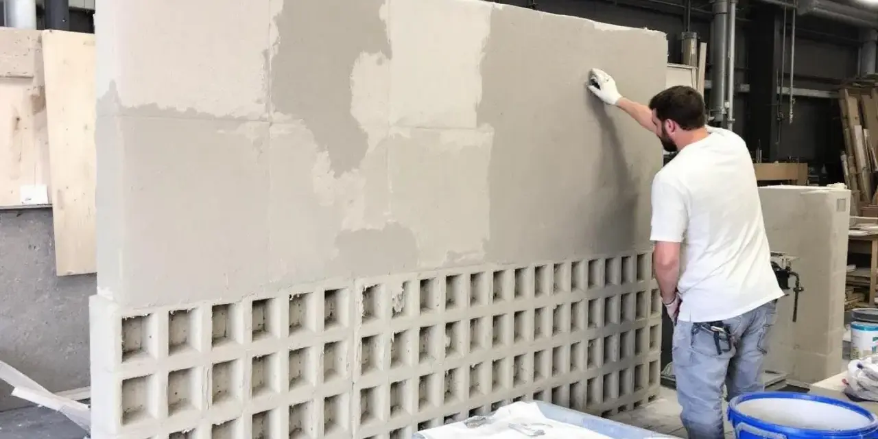 Un homme applique de l'enduit sur un mur en parpaing ajouré, créant une texture unique.