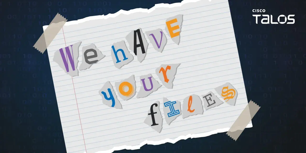 Przykłady ransomware: porwana kartka z napisem "We have your files" na tle kodu binarnego.