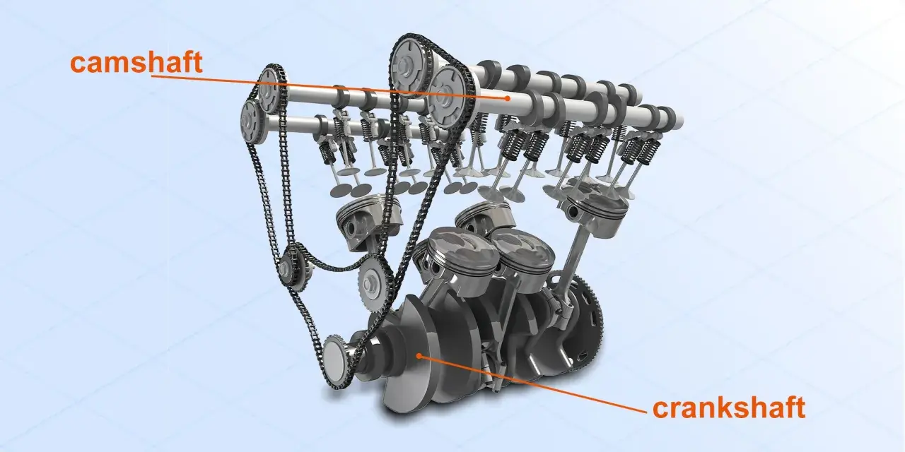 A detailed engine diagram showing the camshaft controlling valves and the crankshaft connected to pistons, illustrating their distinct roles.