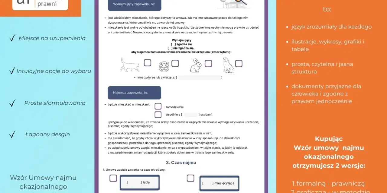 Umowa najmu okazjonalnego: jasne zasady dla najemcy i wynajmującego. Wzór graficzny Legal Design.
