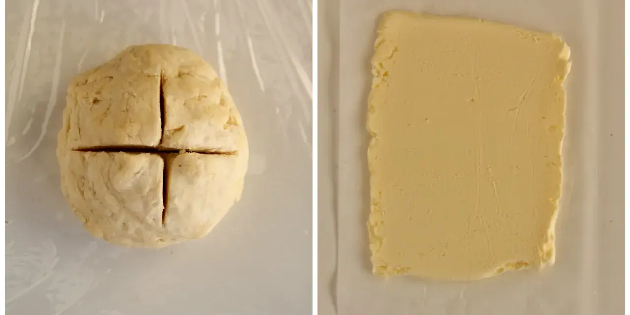 Impasto per pasta fatta in casa pronto per essere lavorato, accanto a una lastra di burro.