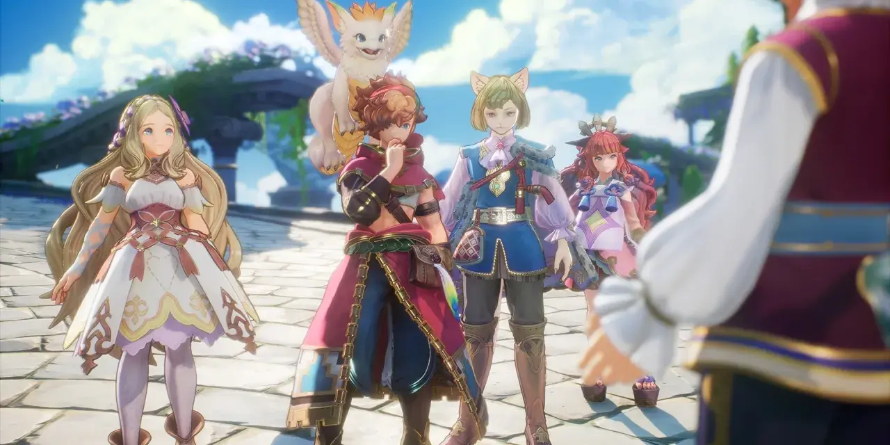 Un grupo de aventureros, con visiones de mana, se reúne bajo un cielo azul. Una chica rubia con vestido blanco, un chico con capa roja, otro con orejas de gato y una chica pelirroja.