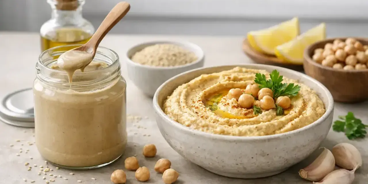 Słoik z gładkim tahini, obok miska z hummusem, ciecierzycą, czosnkiem i cytryną. Tahini co to? Pasta sezamowa!