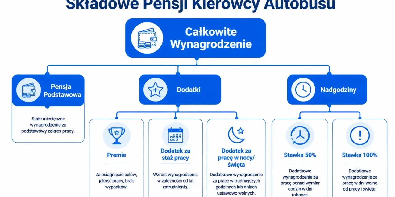 Schemat składników pensji kierowcy autobusu: pensja podstawowa, dodatki (premie, staż pracy, praca w nocy/święta) i nadgodziny. Kierowca autobusu zarobki zależą od wielu czynników.