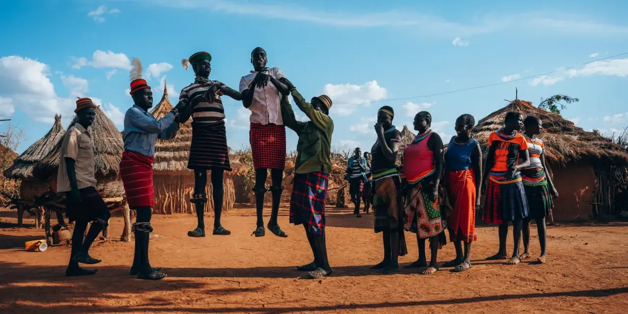 Ludzie w tradycyjnych strojach tańczą przed chatami. Czy Uganda jest bezpiecznie? Tak, w takich miejscach można poczuć się bezpiecznie.