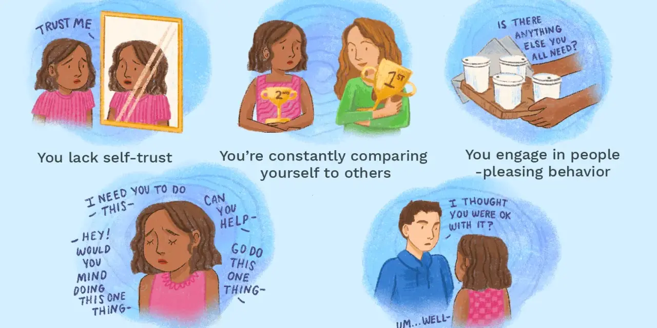 Illustrations showing examples of insecurities: lack of self-trust, comparing yourself to others, people-pleasing, feeling little control, and not reinforcing boundaries.