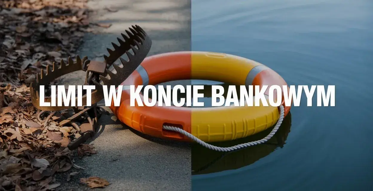 Pułapka na zwierzęta i koło ratunkowe symbolizują pułapki i ratunek związane z **limitem kredytowym na koncie**.
