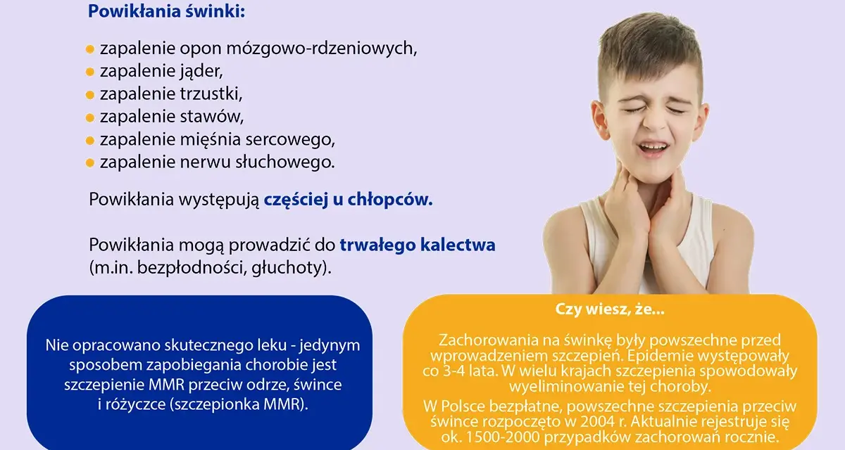 Chłopiec z bólem gardła, objaw świnki. Choroba wirusowa, groźna powikłaniami, np. głuchotą. Szczepienie MMR chroni przed świnką.