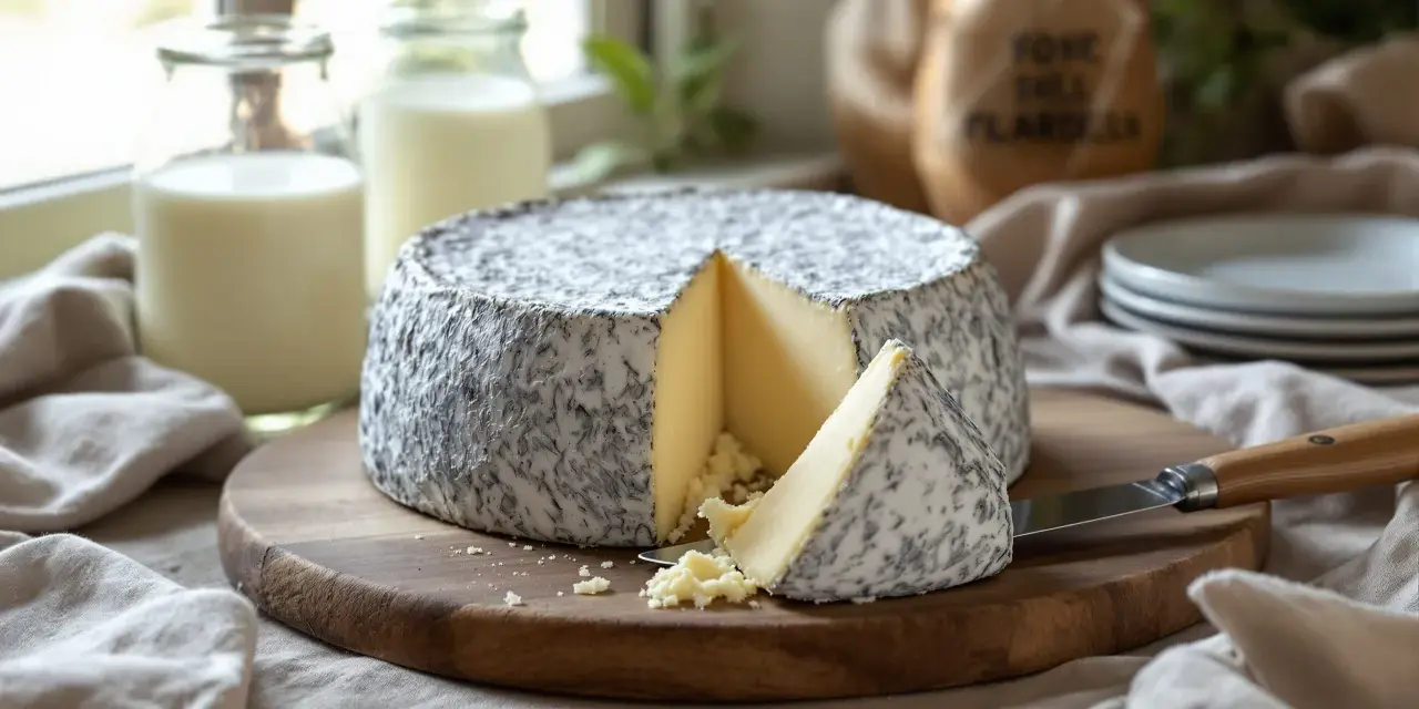 Un fromage à pâte pressée non cuite, à la croûte grise et blanche, est coupé sur une planche en bois. Le Pouligny Saint-Pierre est prêt à être dégusté.