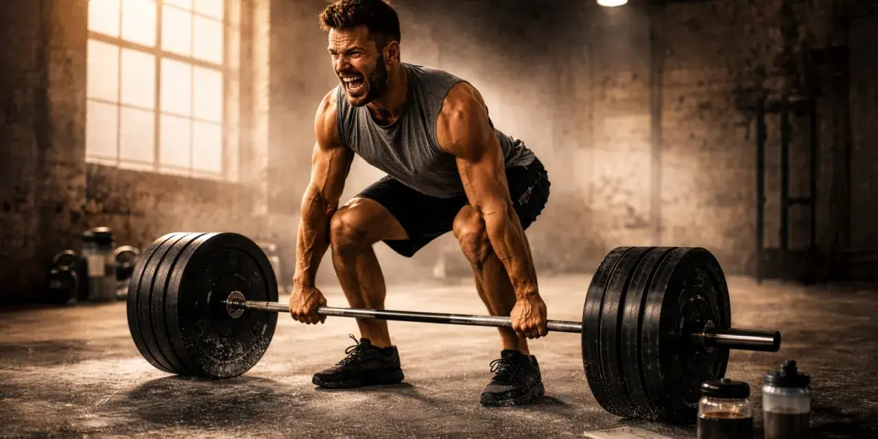Man med en imponerande crossfit kropp lyfter tung skivstång i ett dammigt gym.