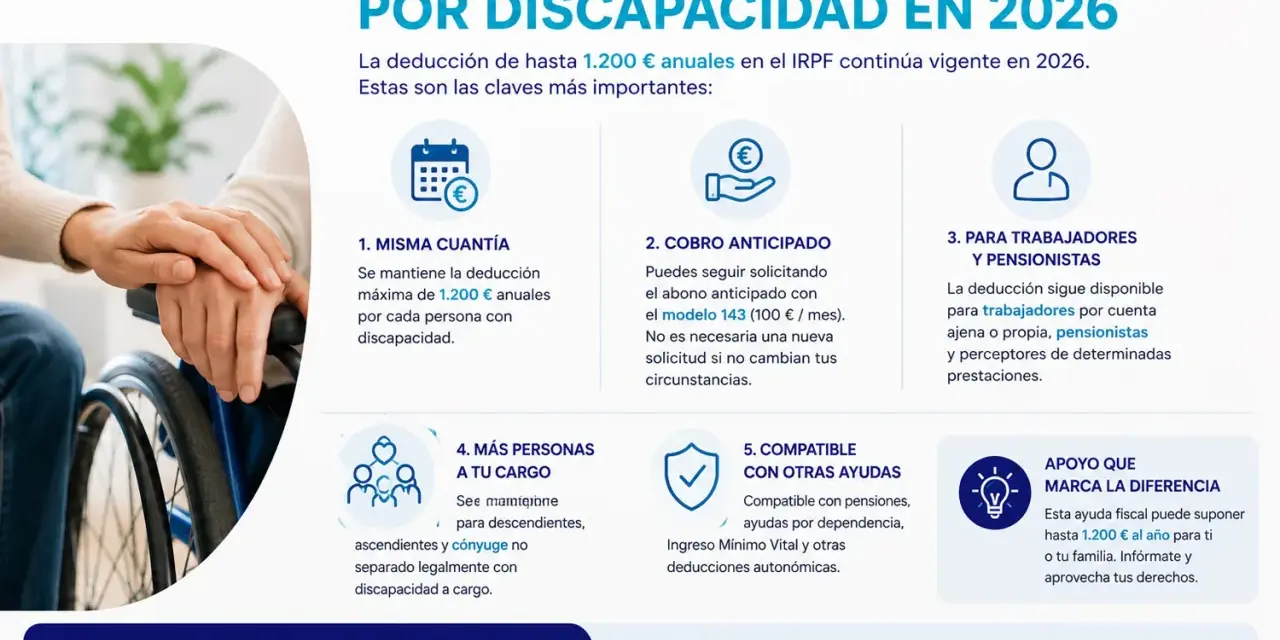Novedades ayuda por discapacidad 2026: deducción hasta 1.200€ anuales. Incluye cónyuge con discapacidad a cargo.