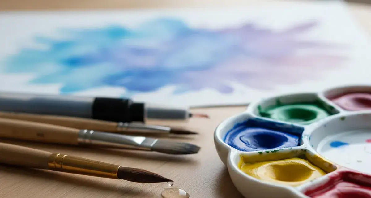 Un pinceau et une palette d'aquarelle colorée, prêts à créer une œuvre d'art sur une feuille blanche.