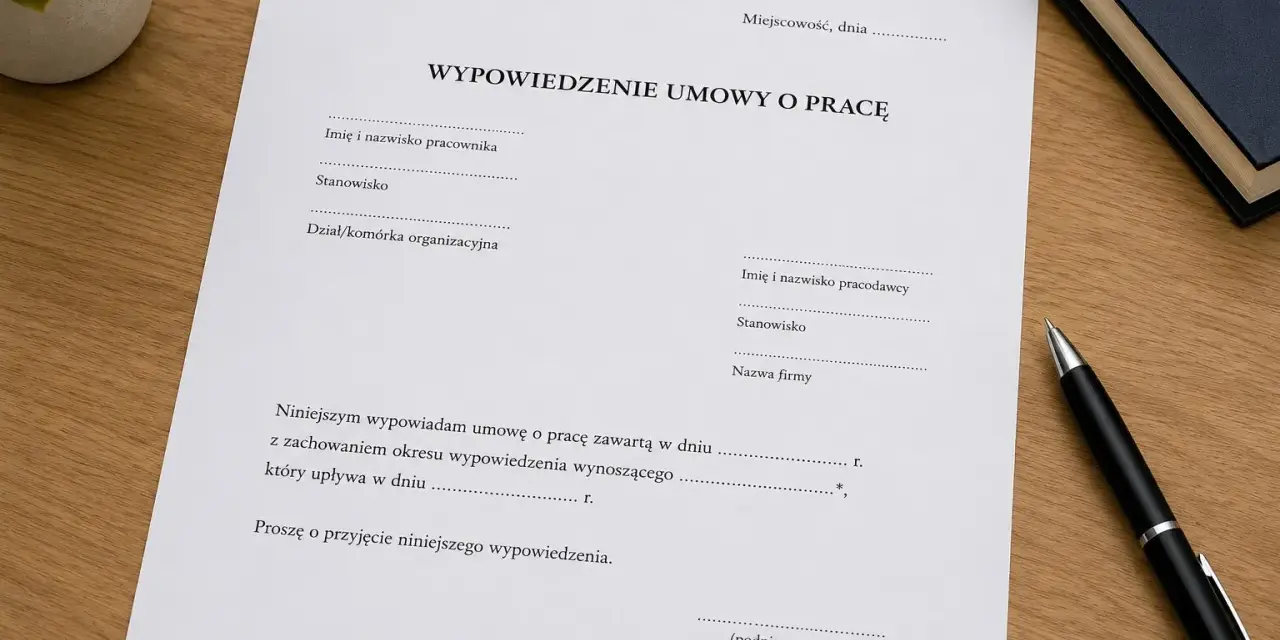 Dokument "Wypowiedzenie umowy o pracę z zachowaniem okresu wypowiedzenia" na biurku, obok długopisu i książki.
