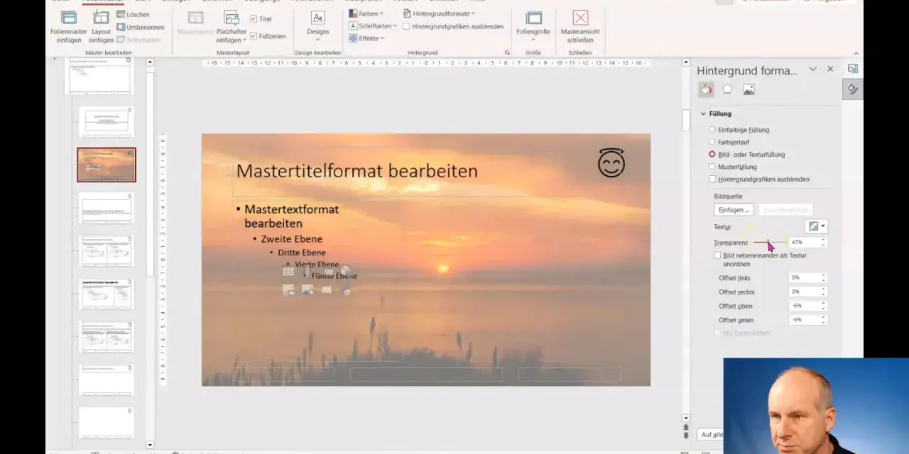 PowerPoint-Folie mit Sonnenuntergang als powerpoint hintergrund. Die Folie zeigt "Mastertitelformat bearbeiten" und eine Liste von Ebenen. Rechts ist das Menü "Hintergrund formatieren" geöffnet.