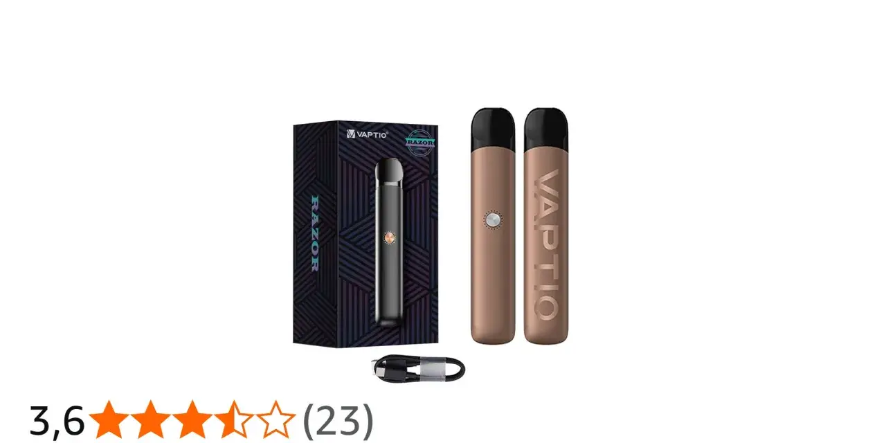 Dos vaper ronda Vaptio Razor en color bronce y uno en caja, junto a su cable de carga.
