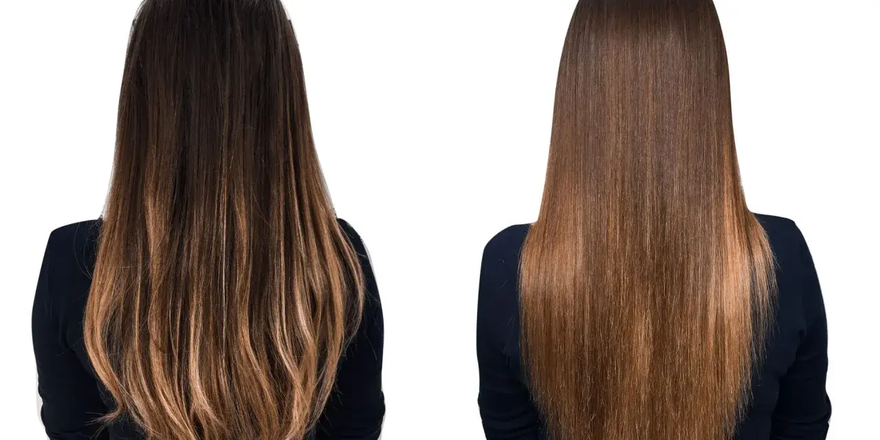 Antes y después de la taninoplastia: cabello rizado y opaco transformado en liso y brillante.