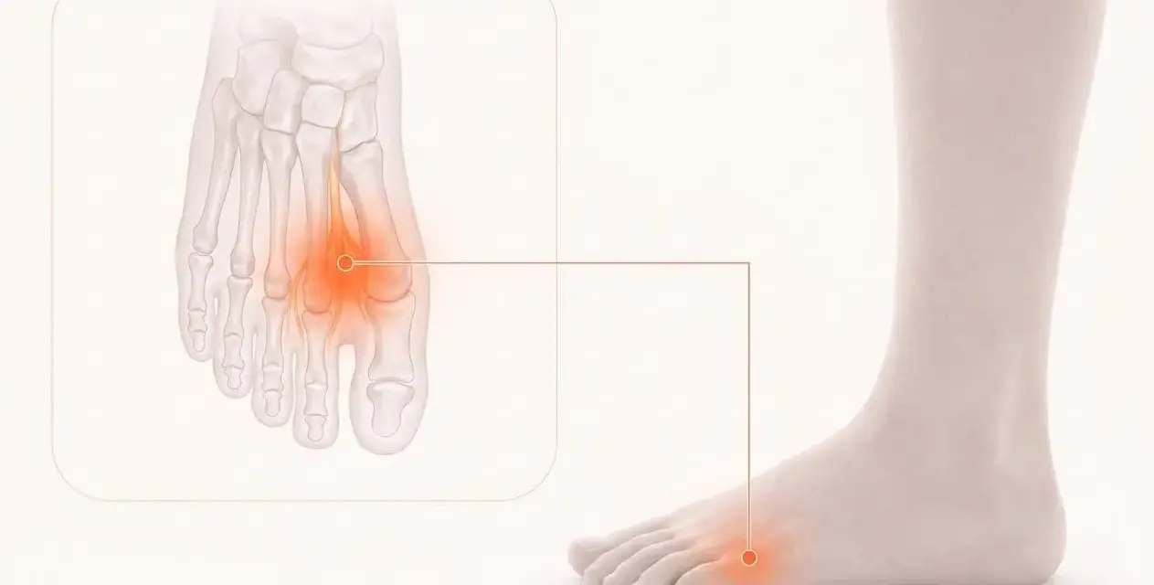 Illustration av en fot med markerad smärta i framfoten, relaterat till plantar fasciit.