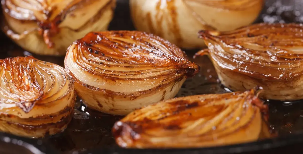Moitiés d'oignons caramélisés, dorés et juteux, cuisant dans une poêle.