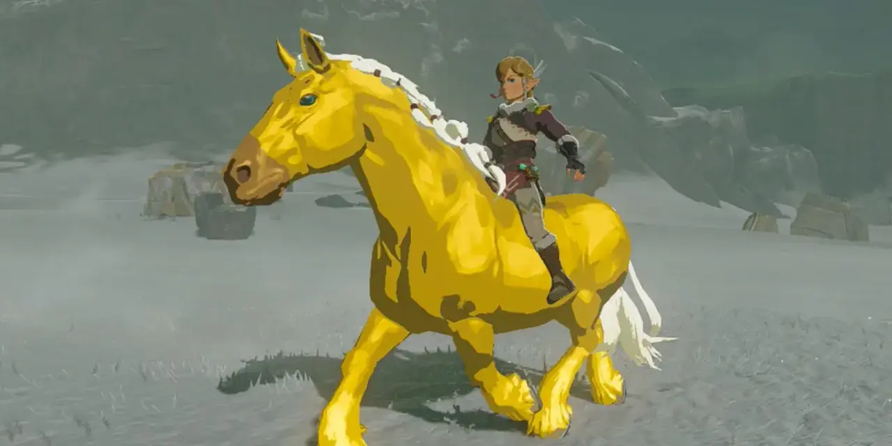 Link cabalga sobre el fiel caballo dorado de Zelda en un paisaje nevado.