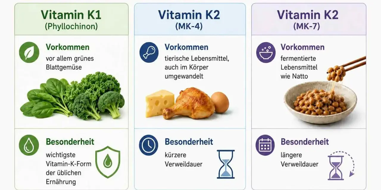 Vergleich von Vitamin K1 in grünem Gemüse und Vitamin K2 in tierischen Produkten und Natto. K1 ist die Hauptform in der Ernährung.