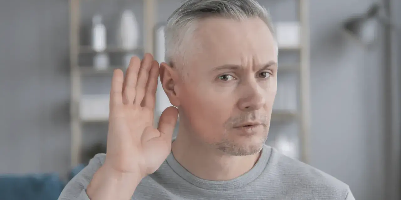 Mężczyzna z siwymi włosami przykłada dłoń do ucha, próbując usłyszeć. Czy to początek zawalu ucha?