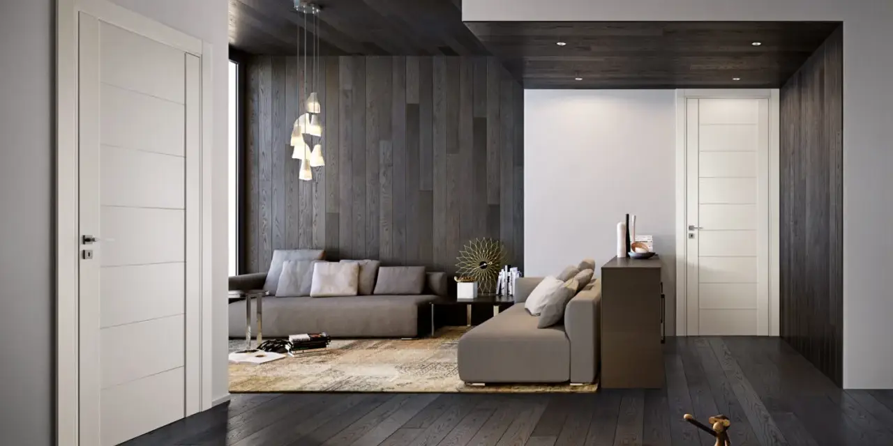 Interni moderni con infissi marroni e porte bianche. Un salotto accogliente con divani grigi, tappeto beige e un'elegante lampada a sospensione.