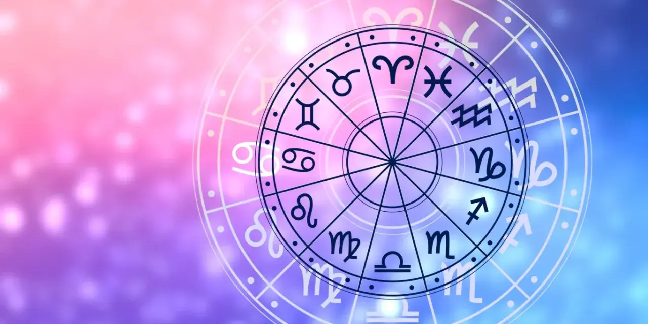 Koło zodiaku z symbolami astrologicznymi, sugerujące szczęśliwe liczby dla bliźniąt i innych znaków.