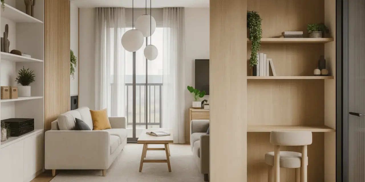 Soggiorno accogliente con divani chiari, tavolino in legno e mensole a vista. Un ambiente in stile minimal, con un tocco di calore dato dal legno.