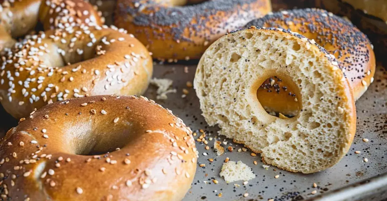 Färska bagels med sesamfrön och vallmofrön, redo för ditt bagels recept. Enkla att baka!