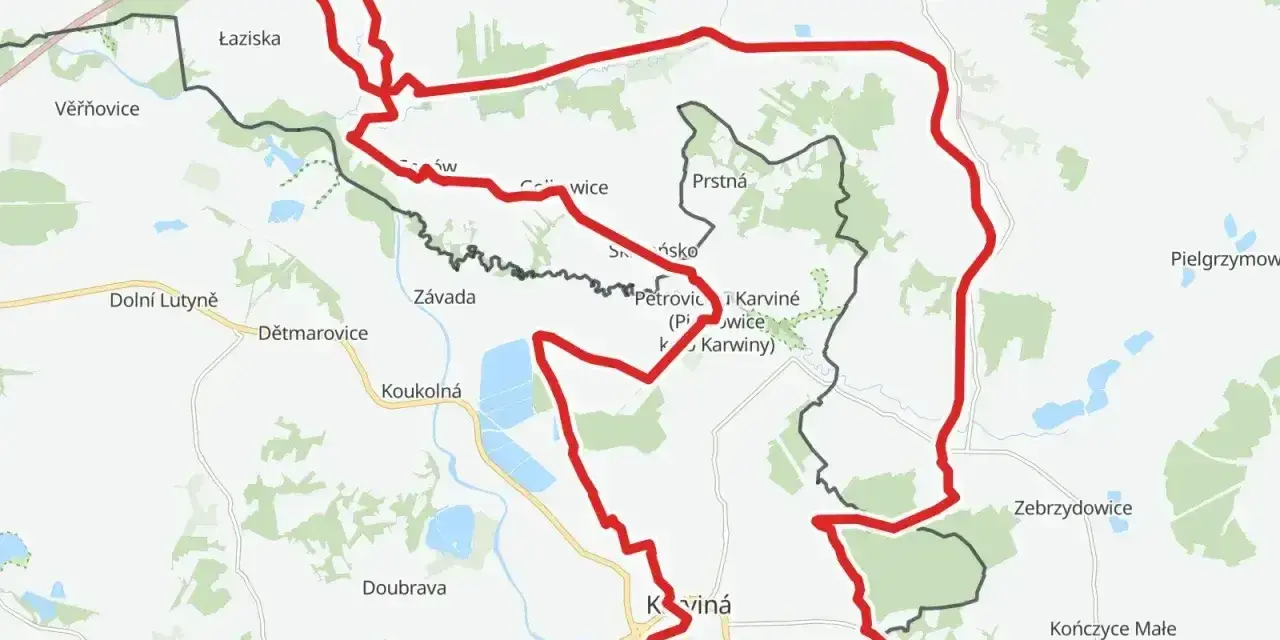 Mapa z zaznaczoną pętlą rowerową. Gdzie zacząć? Trasa prowadzi przez Łaziska, Karvinę i Jastrzębie-Zdrój.