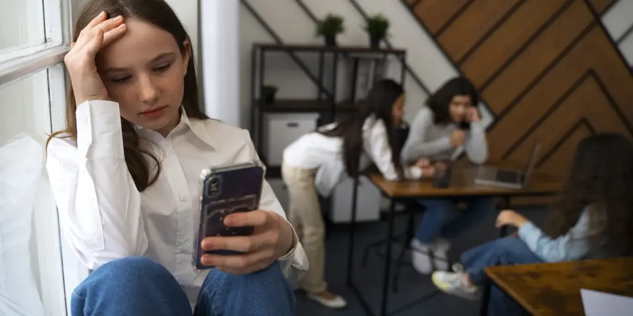 Dziewczyna z telefonem w dłoni, zmartwiona, siedzi przy oknie, podczas gdy inni są w tle.