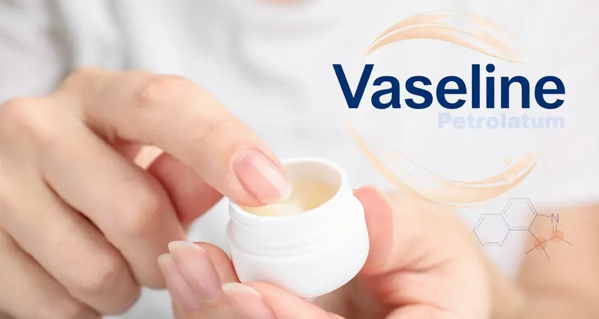 Eine Hand entnimmt Vaseline aus einem Tiegel. Das Produkt besteht aus Petrolatum, einem Gemisch aus Kohlenwasserstoffen.
