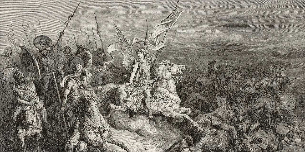 A winged figure on horseback, possibly representing the angel of death in the Bible, leads a chaotic battle with fallen soldiers.