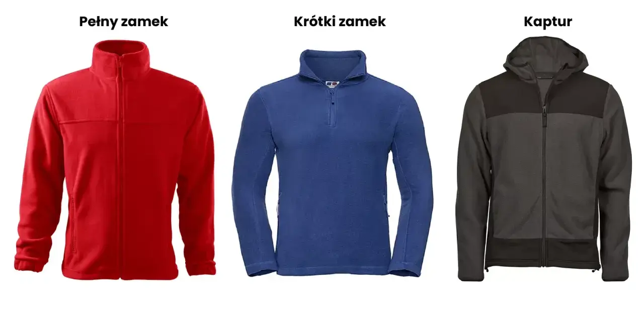 Trzy polary firmowe z nadrukiem: czerwony z pełnym zamkiem, niebieski z krótkim zamkiem i grafitowy z kapturem.