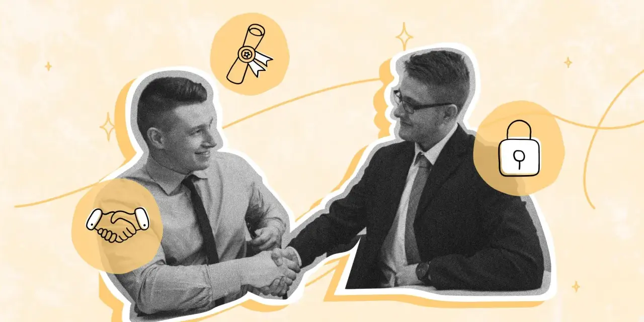 Deux hommes se serrent la main, symbolisant un lien de collaboration solide, avec des icônes de diplôme et de cadenas.