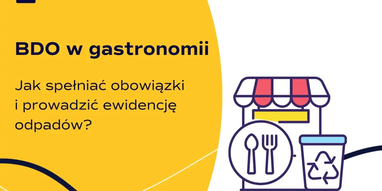 BDO w gastronomii: jak spełniać obowiązki i prowadzić ewidencję odpadów? Ikona restauracji z koszem na śmieci.