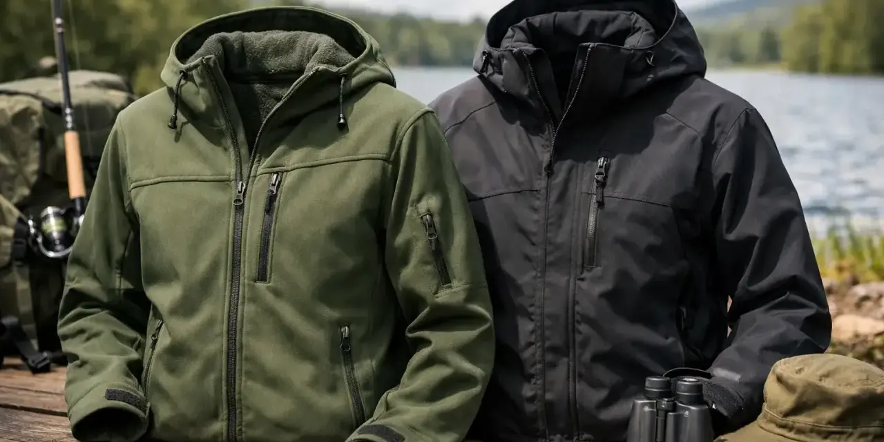 Dwie kurtki hardshell, zielona i czarna, gotowe na przygodę nad jeziorem. Idealne na wędkowanie i wyprawy.