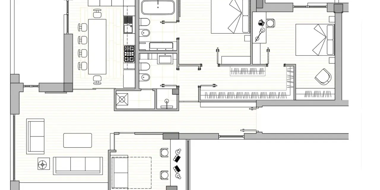 Progetto casa 120 mq un piano: pianta con soggiorno, cucina, sala da pranzo, due camere da letto, bagno e lavanderia.