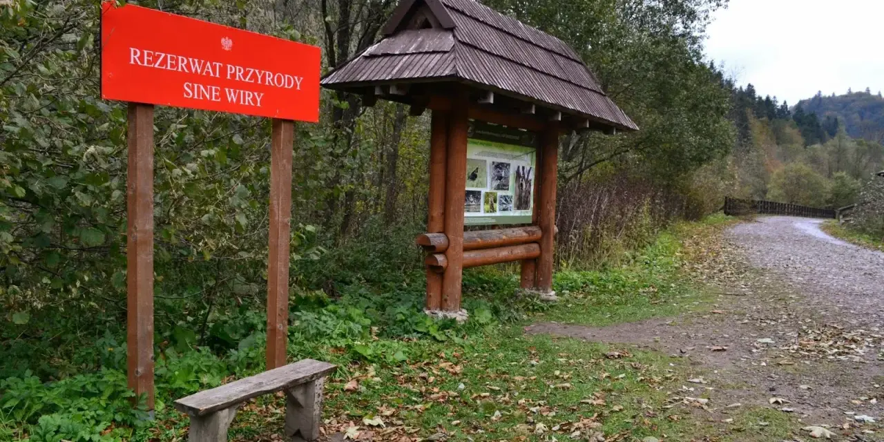 Czerwony znak "Rezerwat Przyrody Sine Wiry" i drewniana tablica informacyjna przy leśnej ścieżce.