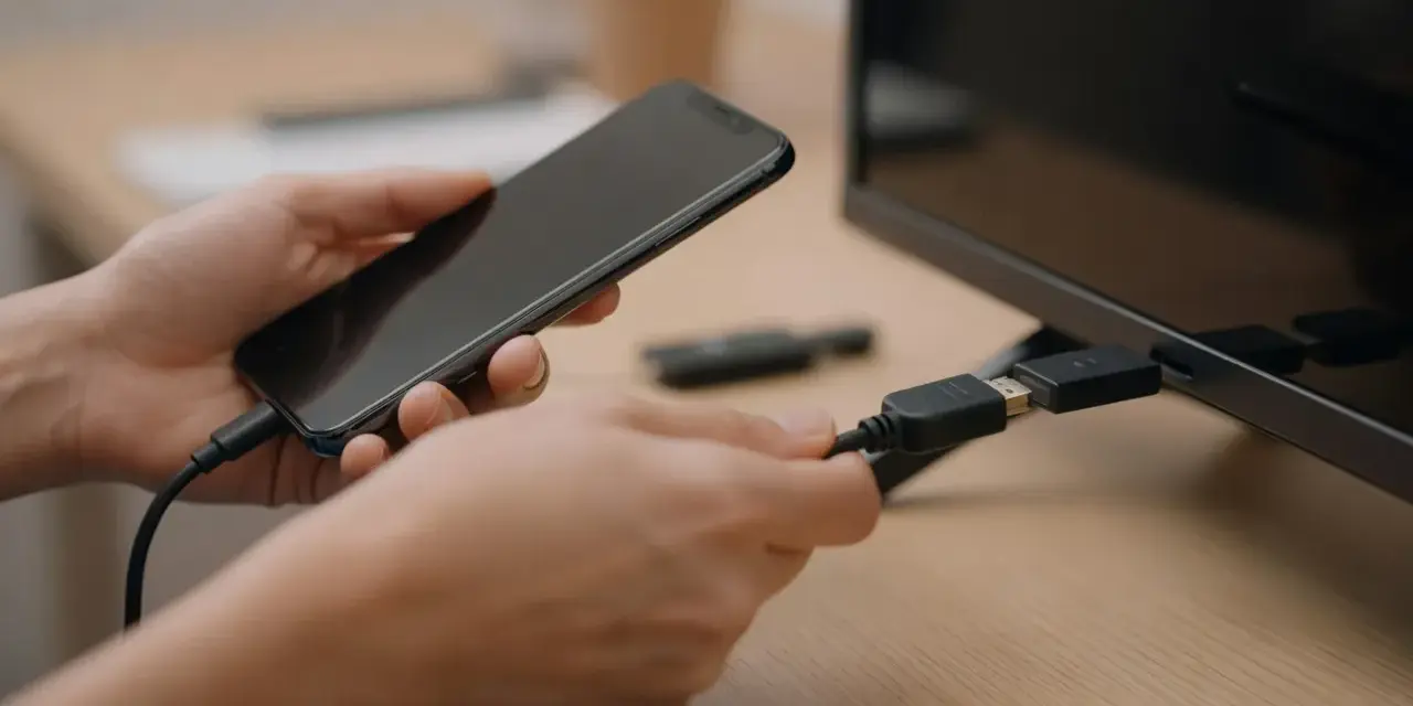 Ręce łączą smartfon z telewizorem za pomocą kabla USB-C. Dowiedz się, jak połączyć się z telewizorem, by cieszyć się większym ekranem.