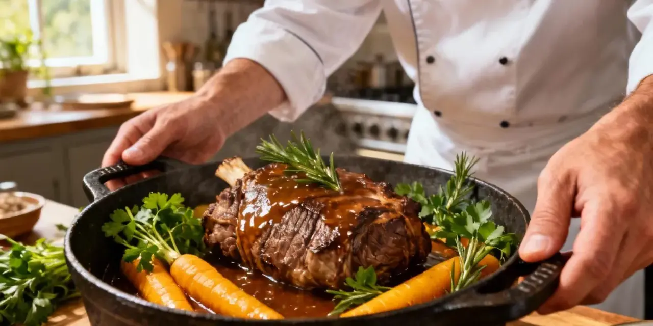 Un chef présente un rôti de veau en cocotte, savamment braisé avec des carottes et des herbes aromatiques.