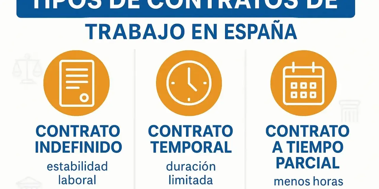 Ilustración de tipos de contratos laborales en España: contrato indefinido, temporal y a tiempo parcial. El contrato indefinido ofrece estabilidad laboral.