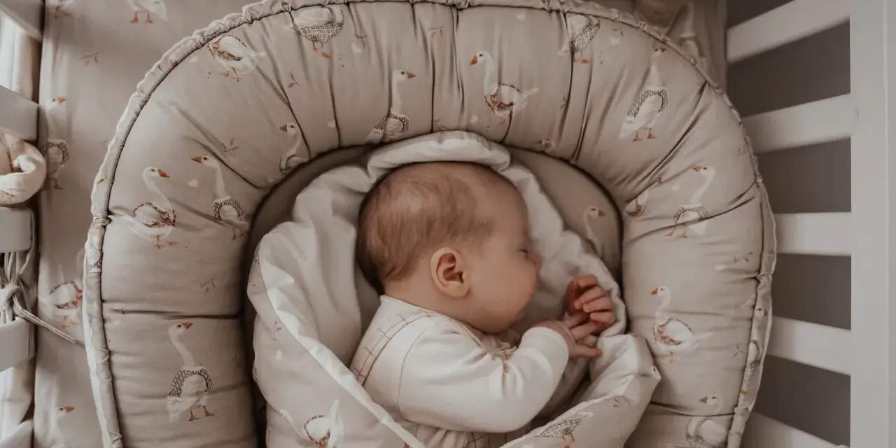 Śpiące dziecko w kokonie niemowlęcym z motywem gęsi. Czy warto zainwestować w taki kokon? Zapewnia poczucie bezpieczeństwa.