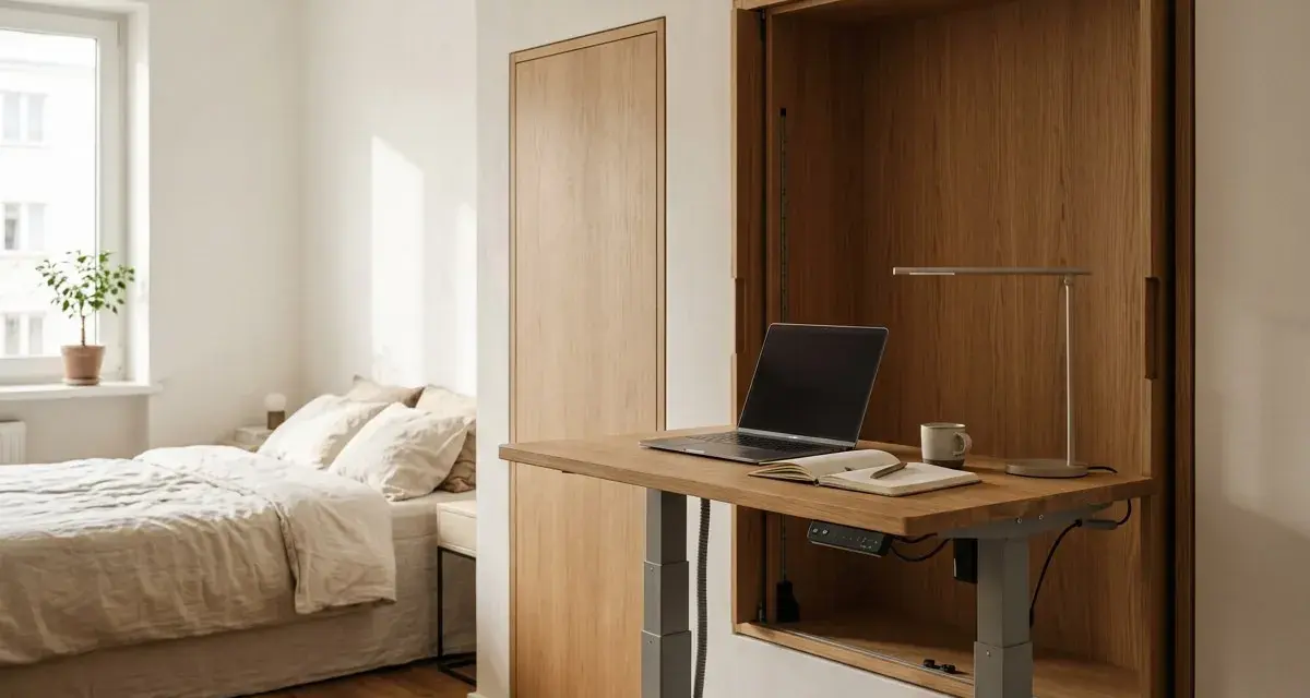 Minimalistyczne biurko inspiracje w sypialni. Drewniana wnęka skrywa regulowany blat z laptopem, lampką i notatnikiem. Obok łóżko i szafa.
