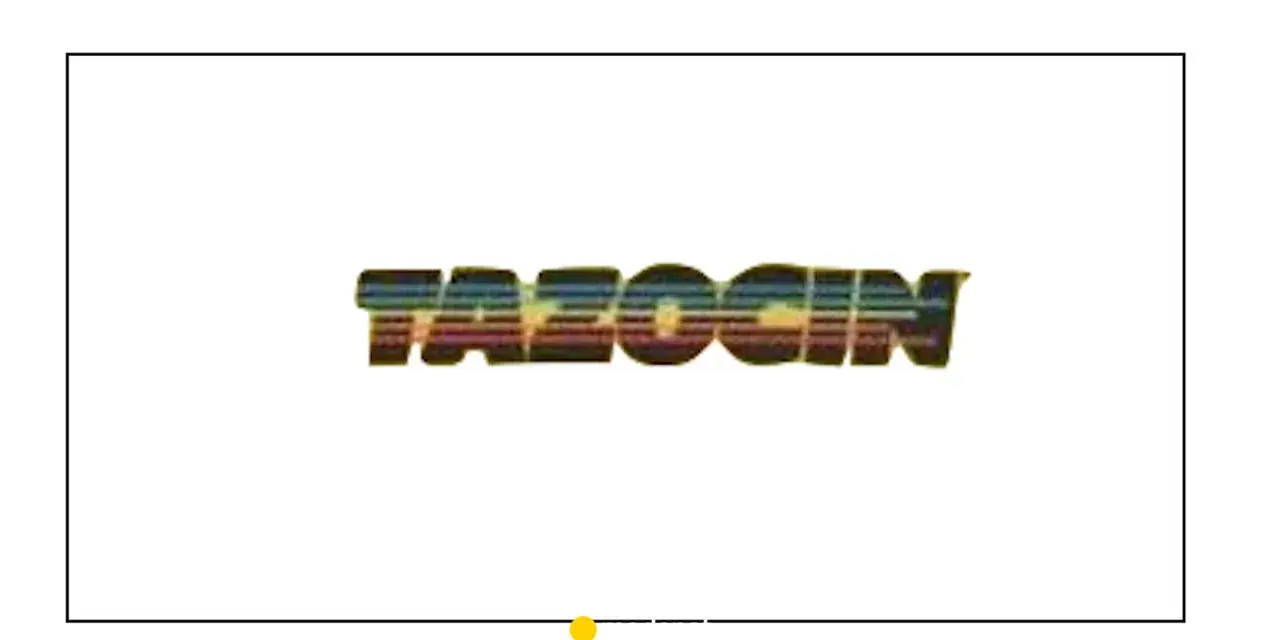 Napis TAZOCIN w stylu retro, z kolorowymi pasami.