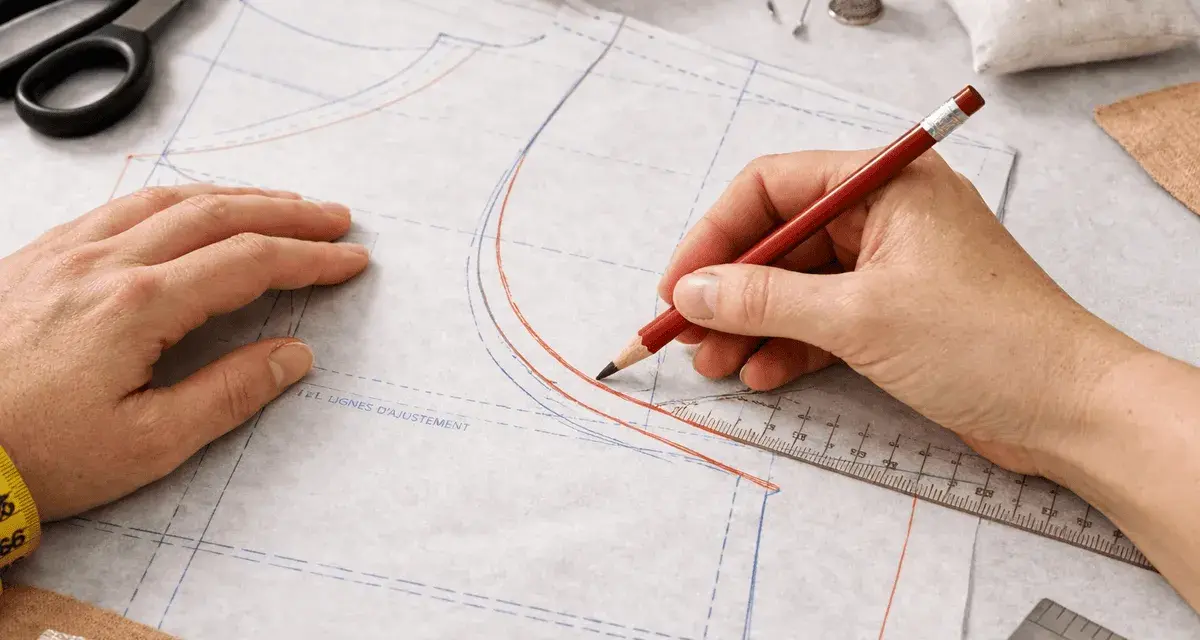 Main tenant une règle et un crayon pour comment agrandir un patron de couture. Des ciseaux, du fil et des épingles sont visibles.